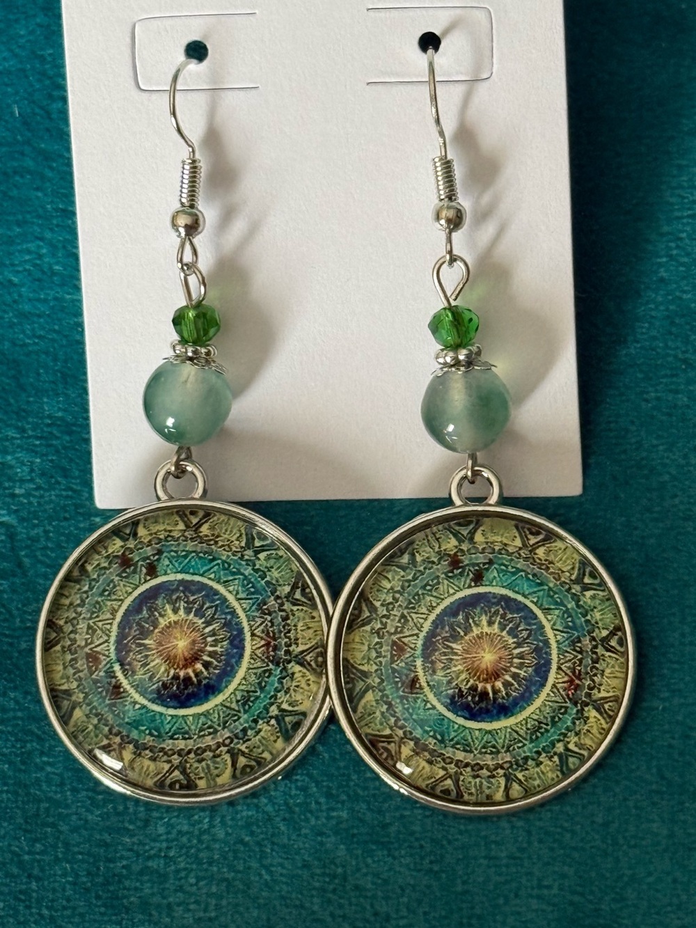 Bohemian Green Blue Muticolored Mandala Drop Earrings with Bead Accents